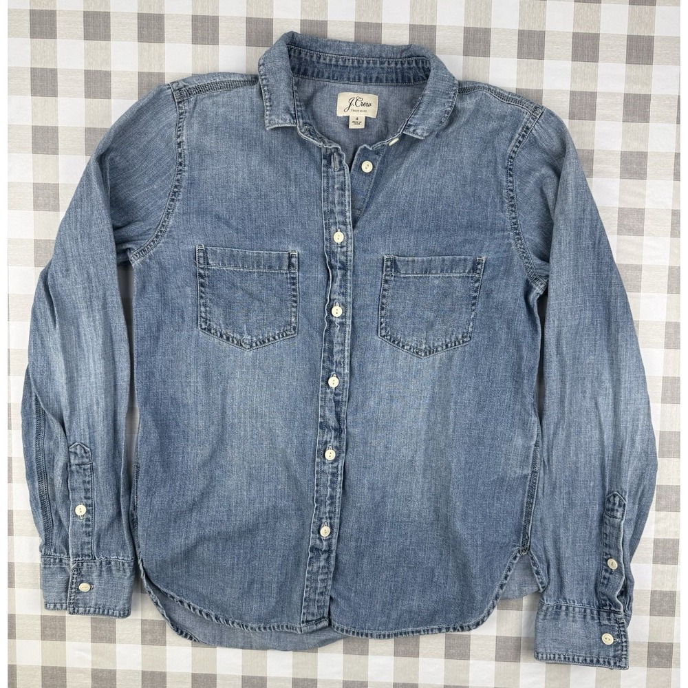 J‎ Crew Chambray Shirt Women Size 4 Coastal Cottage Denim Button Up Top